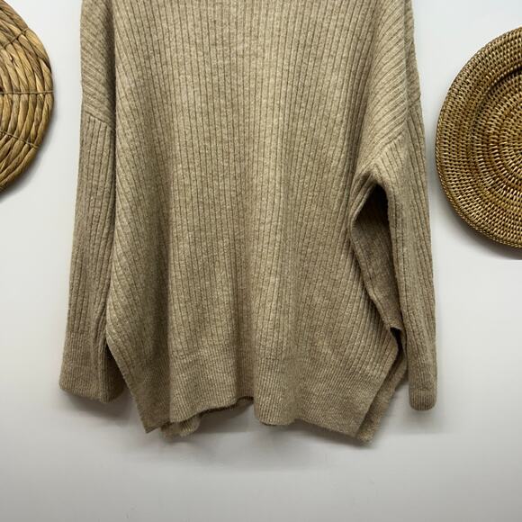 H&M Ribbed Sweater Large Brown Beige Ribbed Oversized Pullover Neutral Winter - Picture 4 of 7